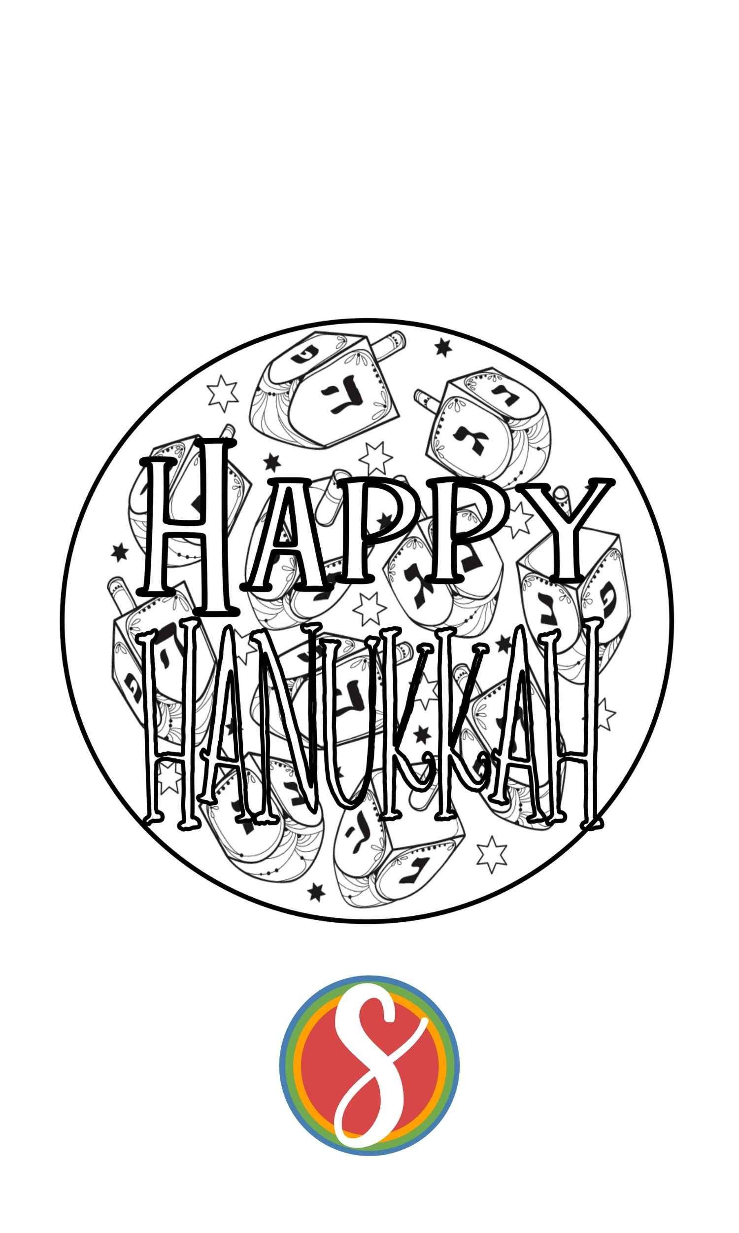 a circle full of dreidels with text "Happy Hannukah" on top coloring page