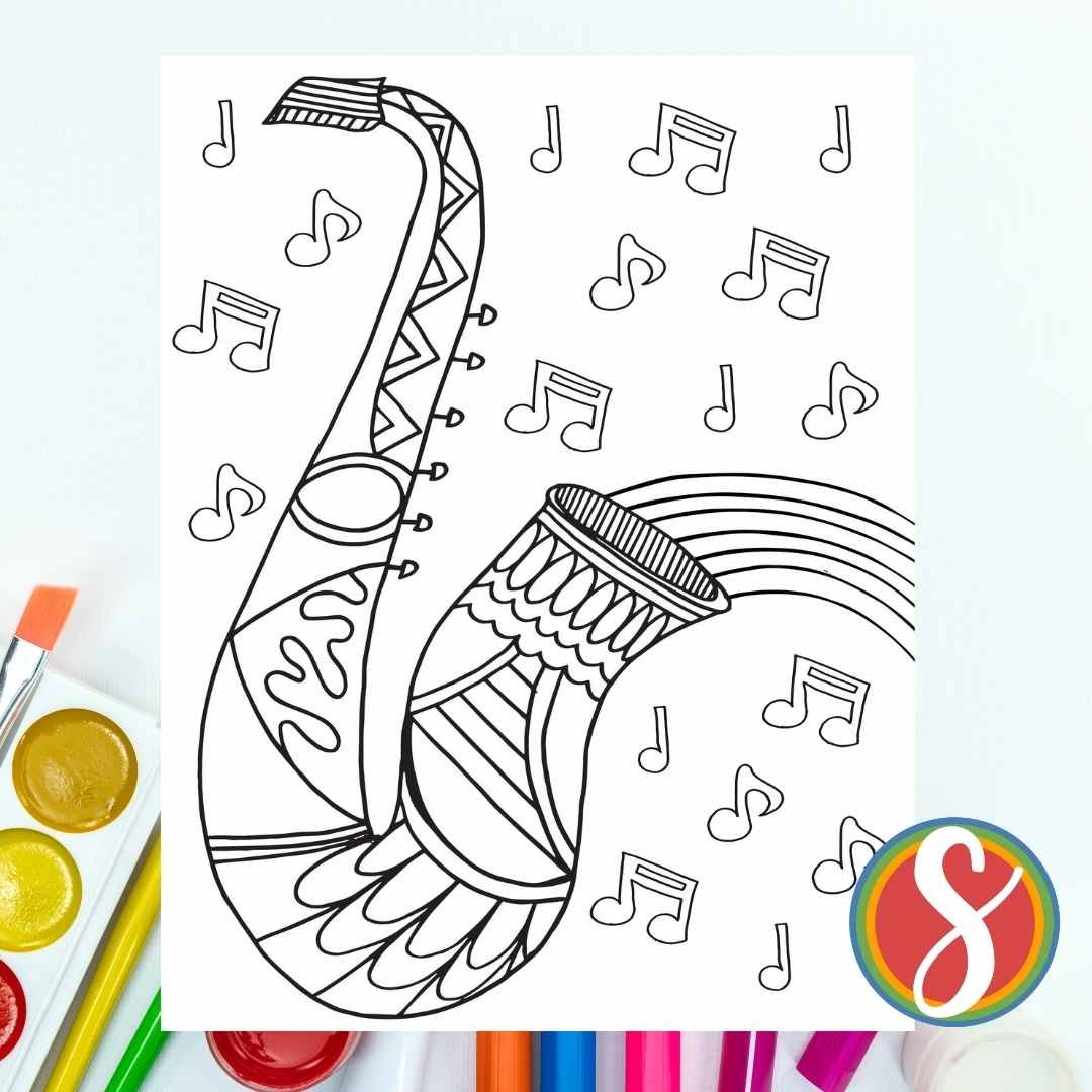 saxophone with doodles inside and a rainbow coming out of the horn and music notes, colorable, all around