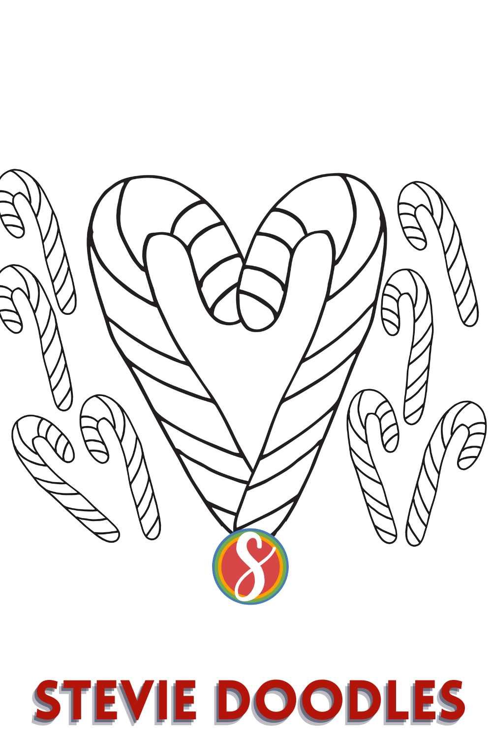 coloring page of two candy canes in a heart shape with other candy canes around