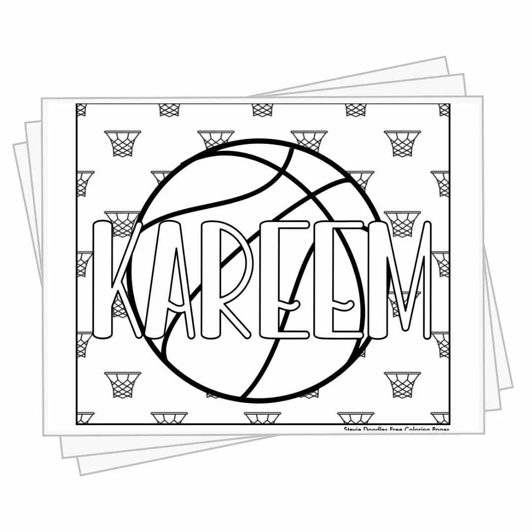 bubble letters "Kareem" in front of basketball elements to color