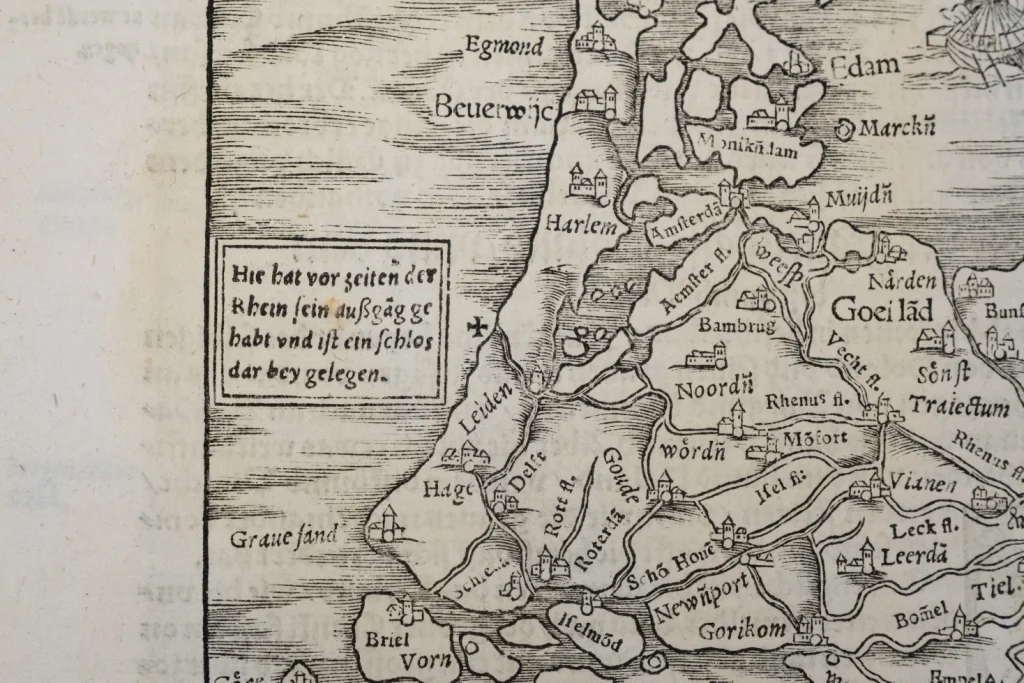 Kaart Munster 1550 met kruis voor Brittenburg (foto: Tom Buijtendorp)