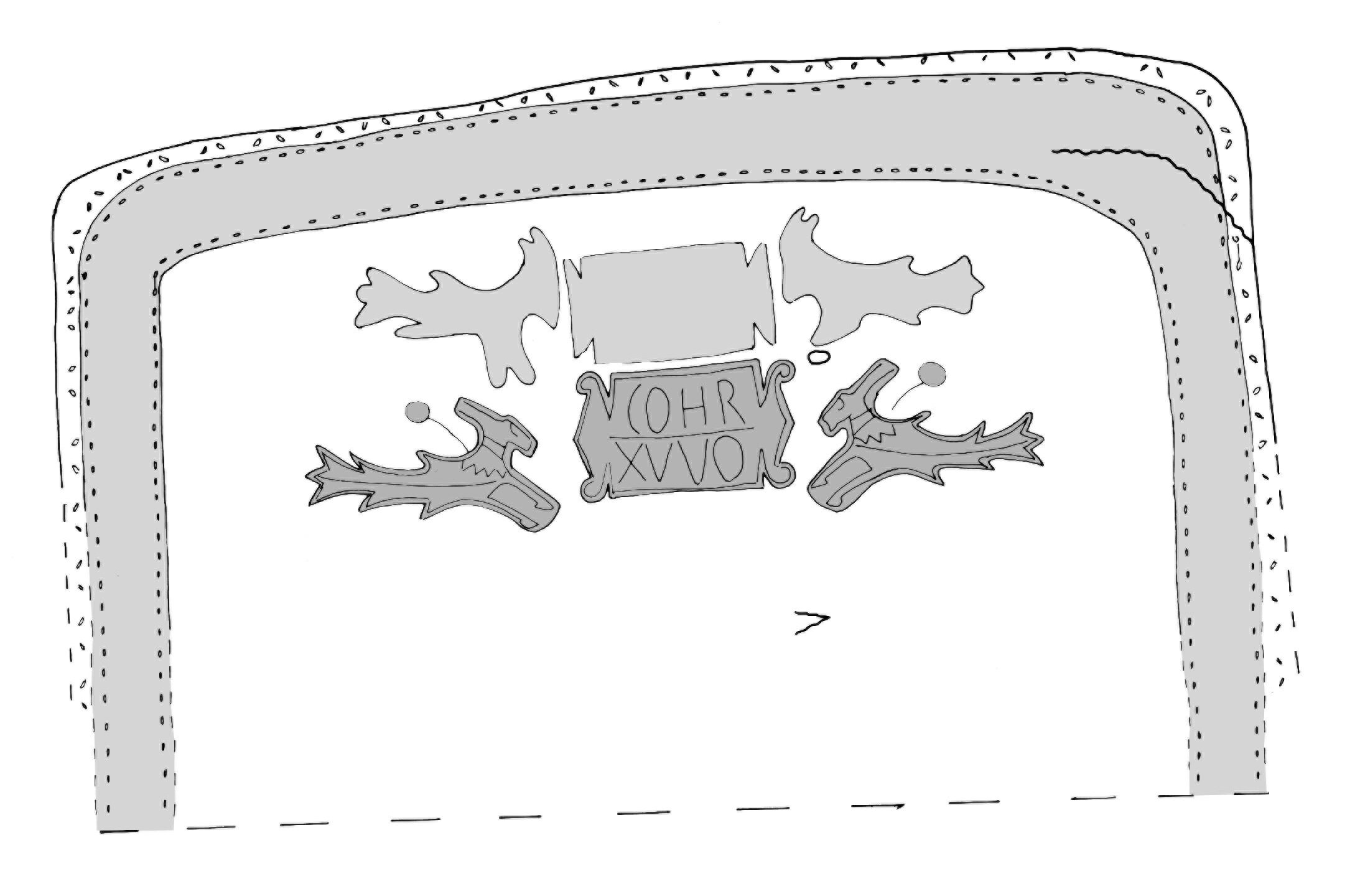 Tekening schildhoes uit Matilo met eenheid, tekening Carol van Driel