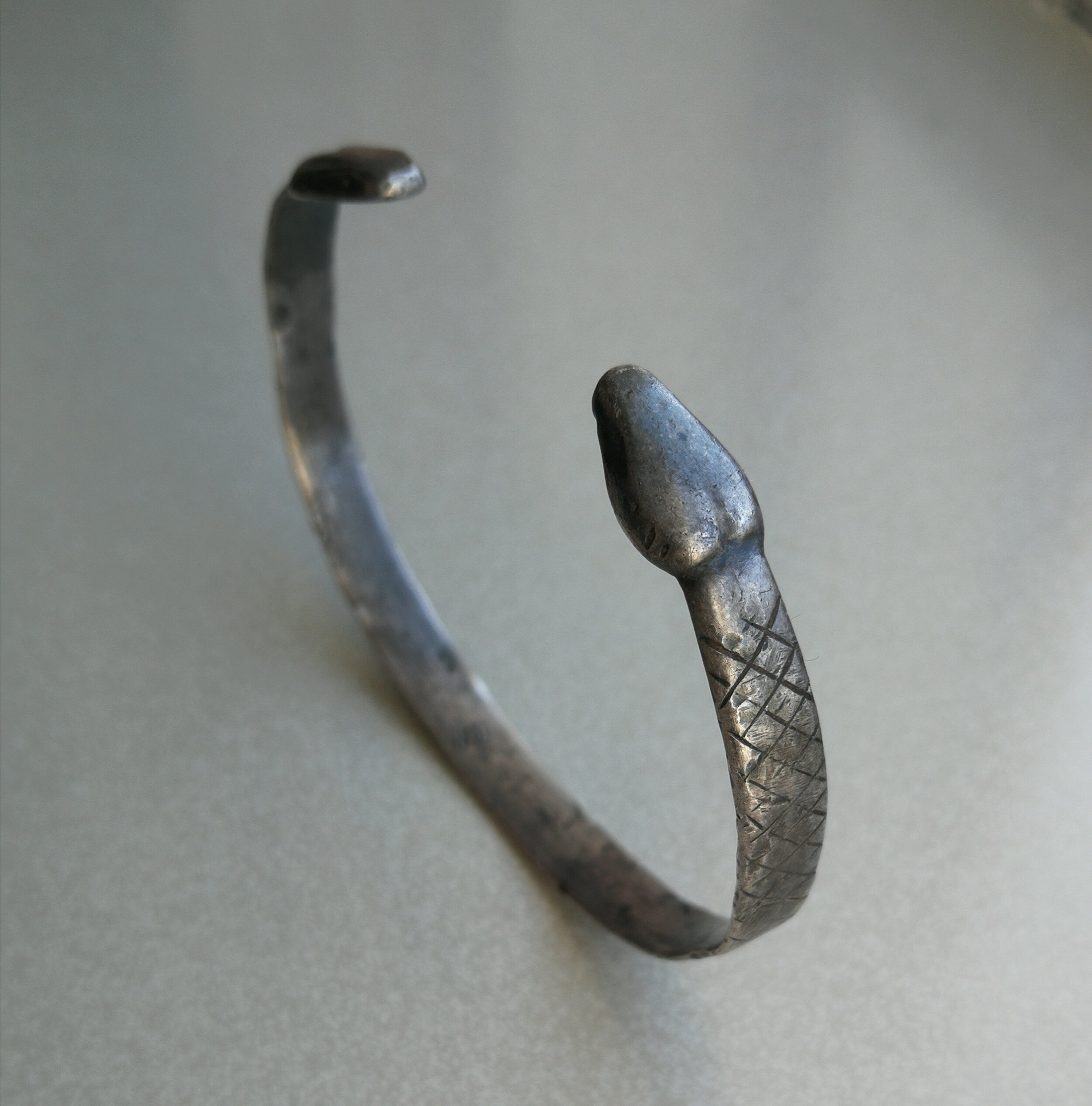 Zijaanzicht van de zilveren slangenarmband (foto Ayoub Choban)