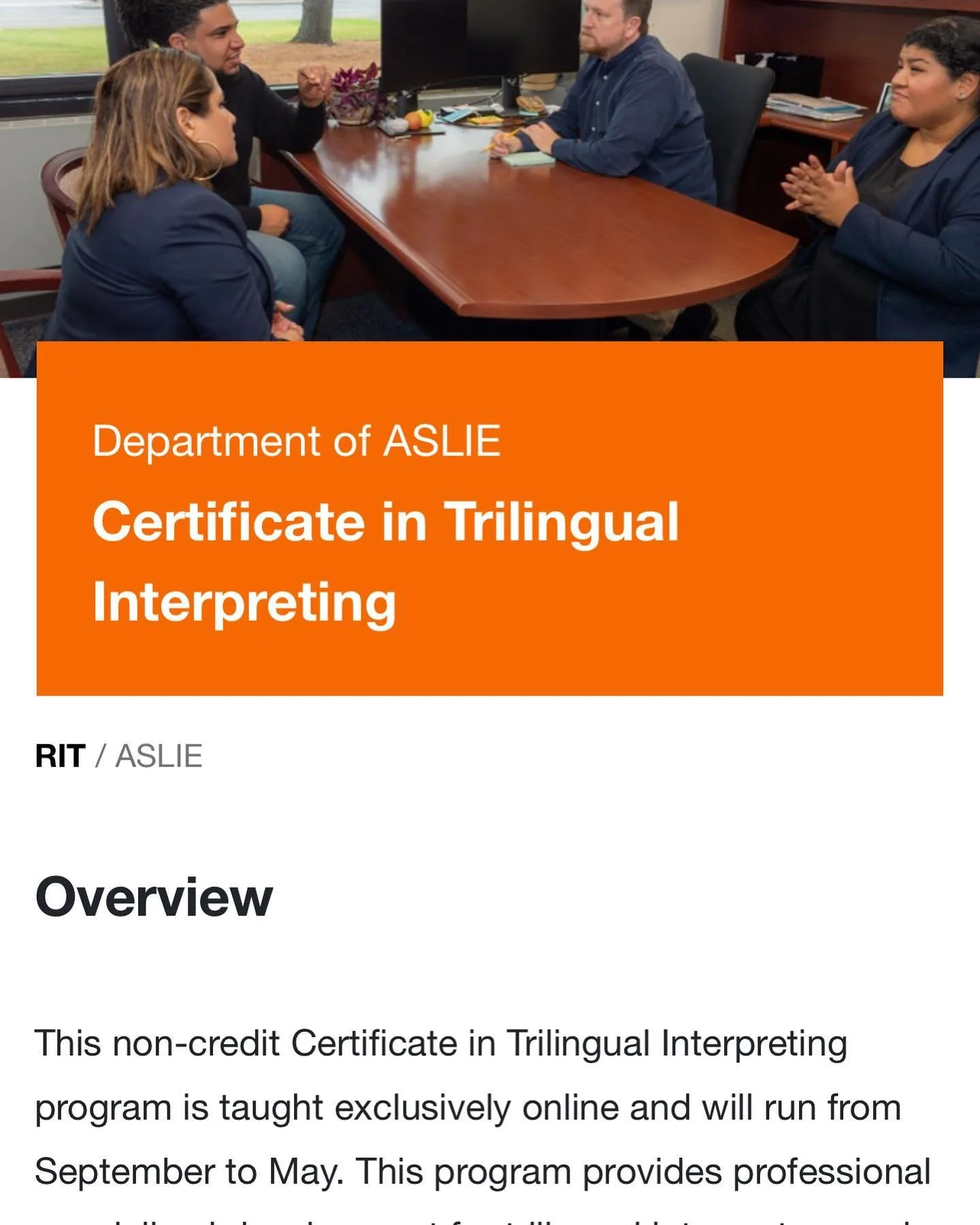 This is exciting!! RIT Certificate in Trilingual Interpreting. Program will run September through May. Application deadline is March 31. See website and contact page their site for information http://www.rit.edu/ntid/aslie/citri

Image descriptions i