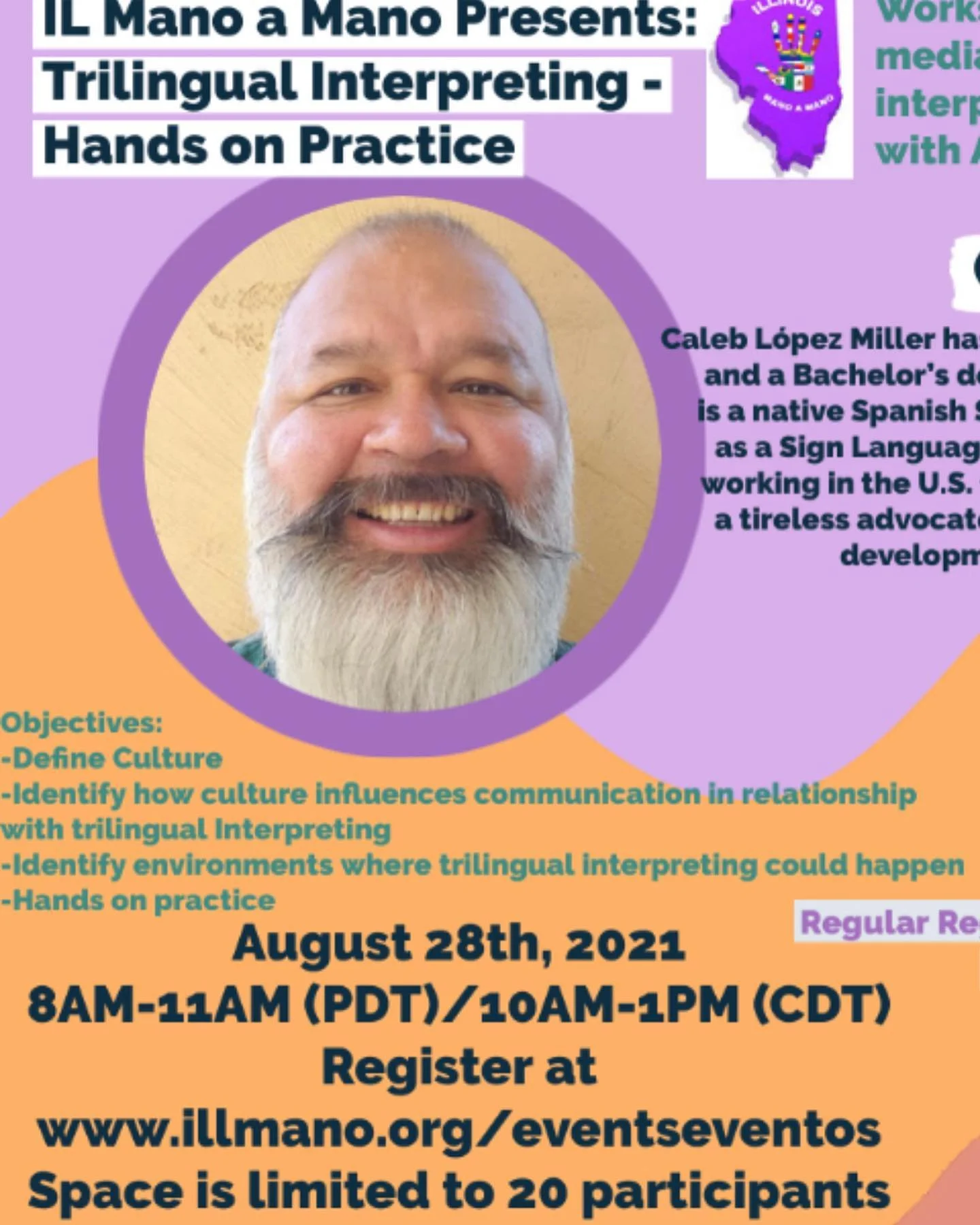 IL Mano a Mano Presents: Trilingual Interpreting- Hands on Practice. 

Workshop Description: 
Will provide a small review for cultural mediation in trilingual interpreting settings and basic practice in trilingual interpretation. Participants will ha