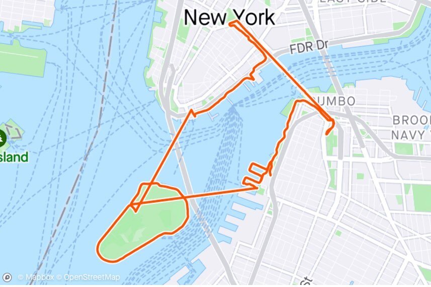 How a delightful 7 mile run goes in NYC: Coffee at @kaigocoffee; stretch, halfheartedly; run through @brooklynbridgepark, over Brooklyn Bridge, to @governorsisland ferry terminal; iced coffee at @joecoffeecompany; ferry to Governor's Island; run arou