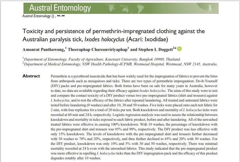 Toxicity and persistence of permethrin‐impregnated clothing against the Australian paralysis tick, Ixodes holocyclus (Acari: Ixodidae) 