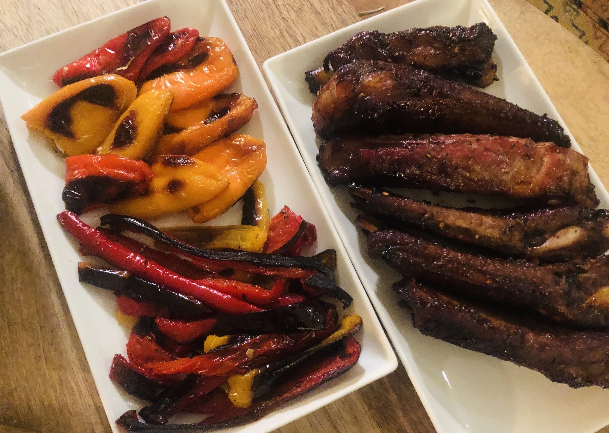 Roasted Mini Peppers: Coat peppers in olive oil and roast on high heat till charred. When cooled, stuff with softened goat cheese and herbs (I used parsley). Sweet & Savory Ribs: Marinate ribs in a mixture of cumin, garlic powder, honey, salt, pepper, paprika and olive oil. Cook ‘em low and slow in the oven for about 2 hours.