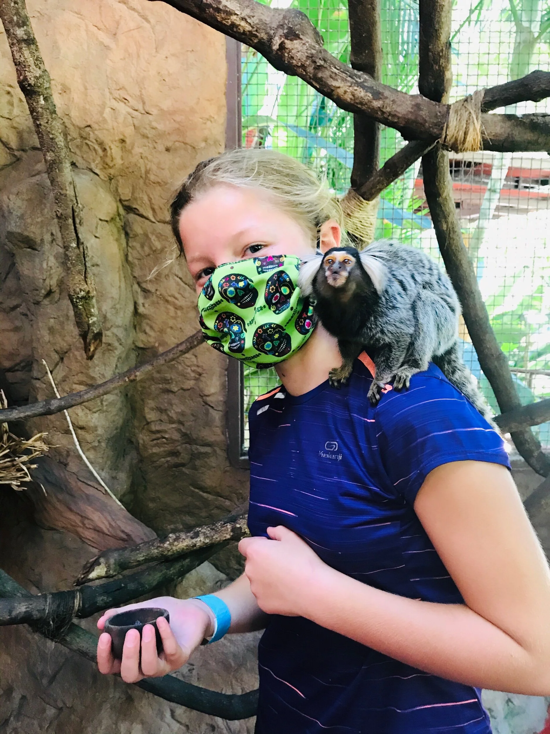 Me (smiling even though you can’t see it : ^) ) with an adorable Marmoset Monkey on my shoulder! So cute!