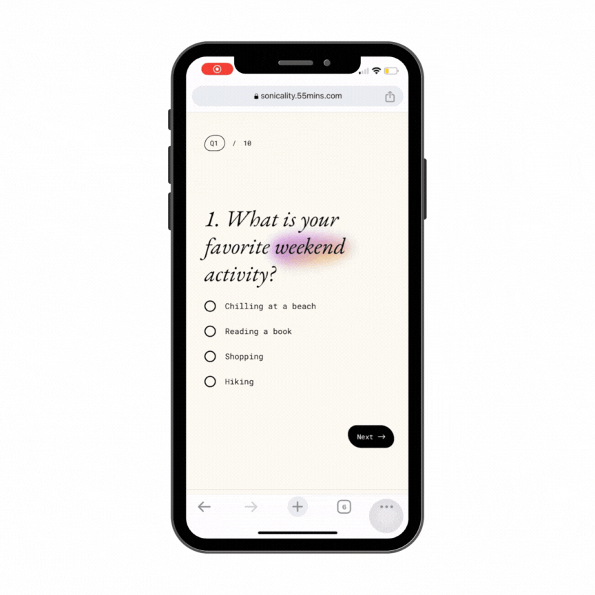 A GIF image showing Sonicality's quiz page layout design.