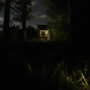 Cinematic horror scene of a dark mysterious cabin in the woods under a cloudy night sky. Hidden amongst the thick forests, A single candle flickers inside a large window, revealing a dusty interior.