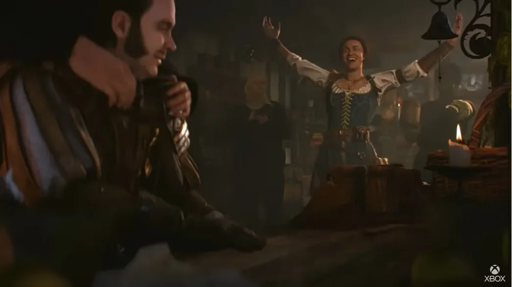 A cinematic shot from the Fable 2026 trailer showing a crowded, dimly lit medieval tavern with the hero laughing in the background and patrons in the foreground