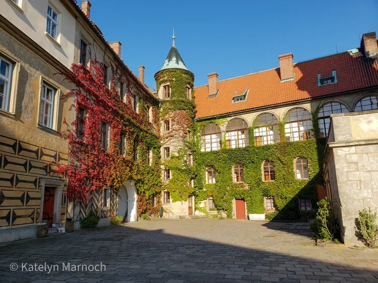 The vine-covered inner courtyard of the historic Hrubá Skála Castle in the Czech Republic.