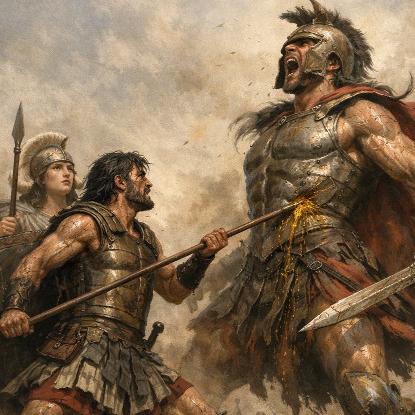 Illustration of Diomedes wounding Ares in the Iliad, representing the Athenian bias against the God of War.