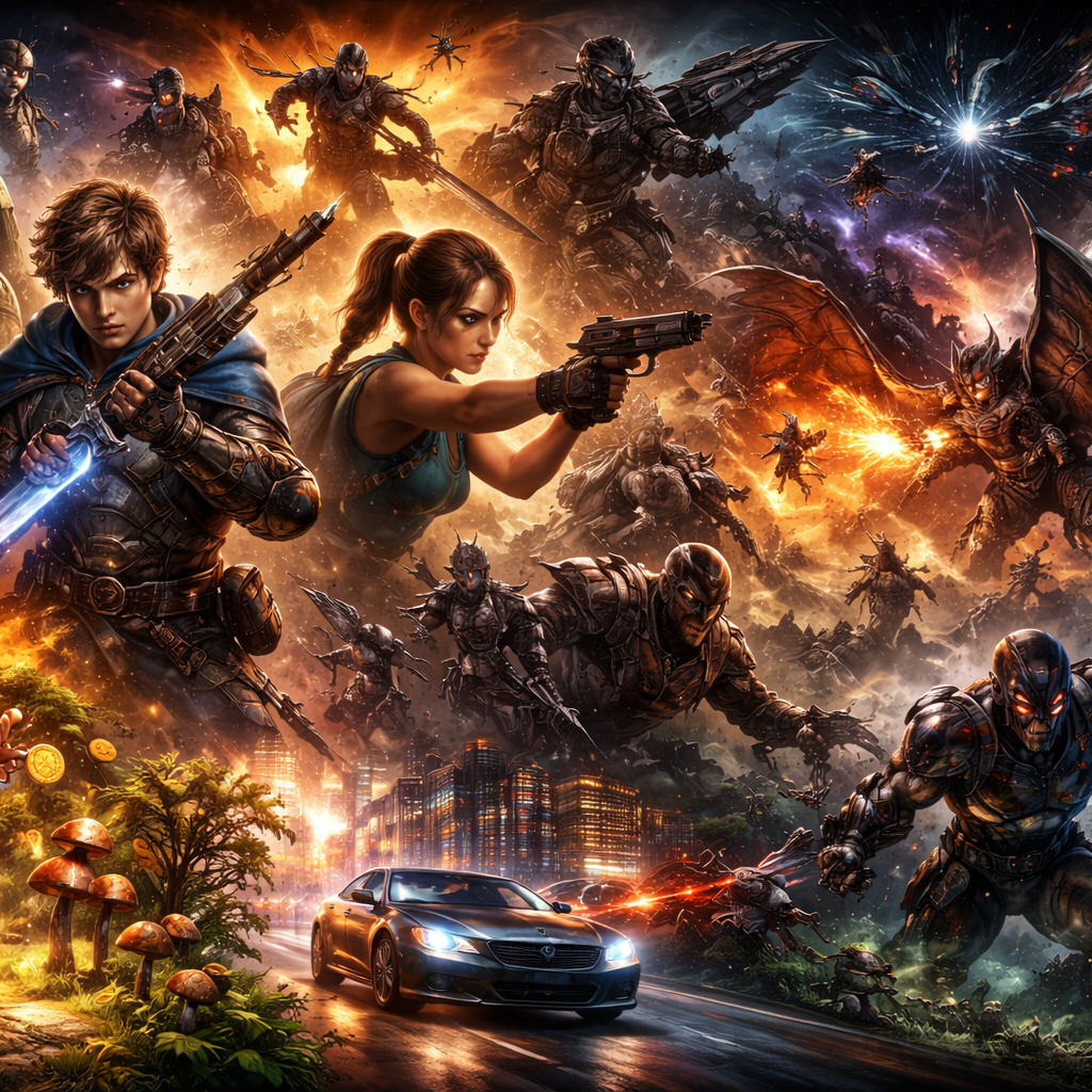 Collage artwork depicting characters and scenes from multiple video game genres including fantasy, sci-fi, racing, and action.
