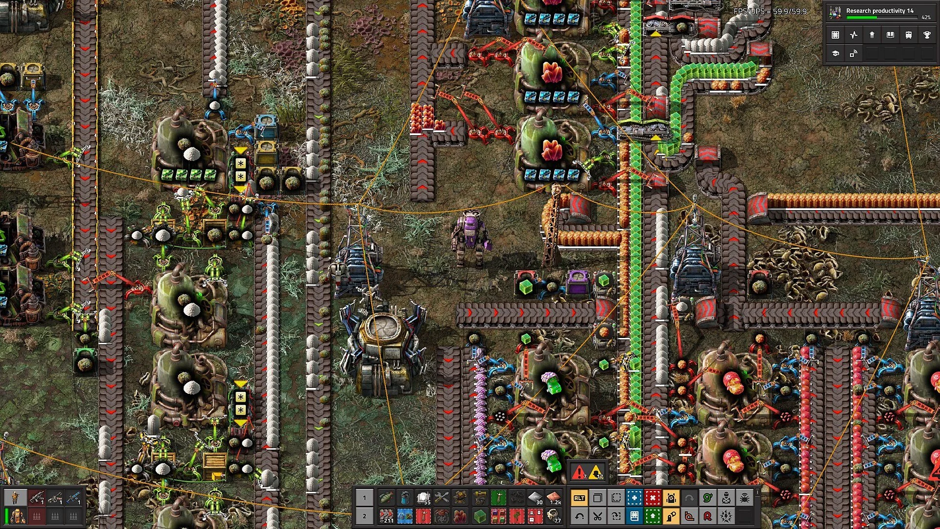 A complex network of conveyor belts and machines on the alien planet Gleba from the Factorio Space Age expansion.