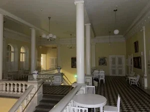 An artist's rendition of the interior lobby of the enigmatic "L'Hôtel Raconteurs". Inappropriate angles, improper lighting, and proportions that just "seem wrong."