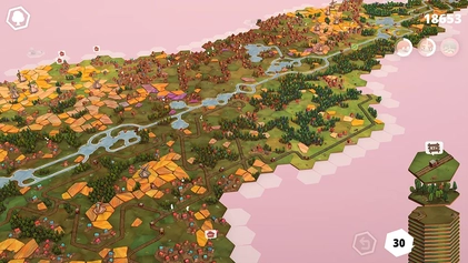A strategic hexagonal tile layout in Dorfromantik featuring a mix of forests, villages, and a calming railway line.