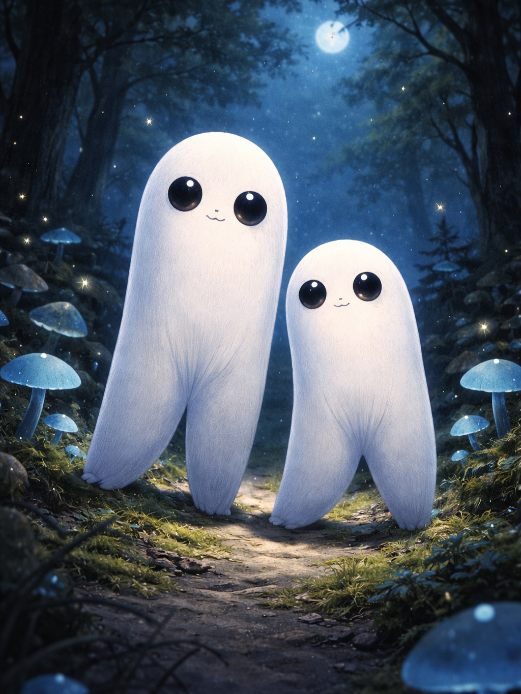 Artistic depiction of the Fresno Nightcrawler cryptids with long white legs standing in a glowing nighttime forest.