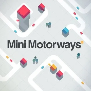 A sleek, minimalist city map in Mini Motorways with colorful roads connecting houses to businesses in an efficient grid.