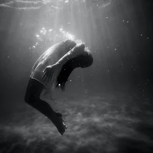 Black and white, rays of sunlight shine through the water. A woman's corpse rises to the ocean's surface limply.