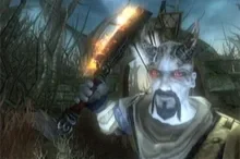 Gameplay screenshot from the original Fable showing the Hero of Oakvale with demonic horns and glowing red eyes, illustrating the game's morality-based character morphing.