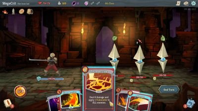 The Ironclad character in Slay the Spire facing off against a boss with a hand of strategic attack and defense cards visible.