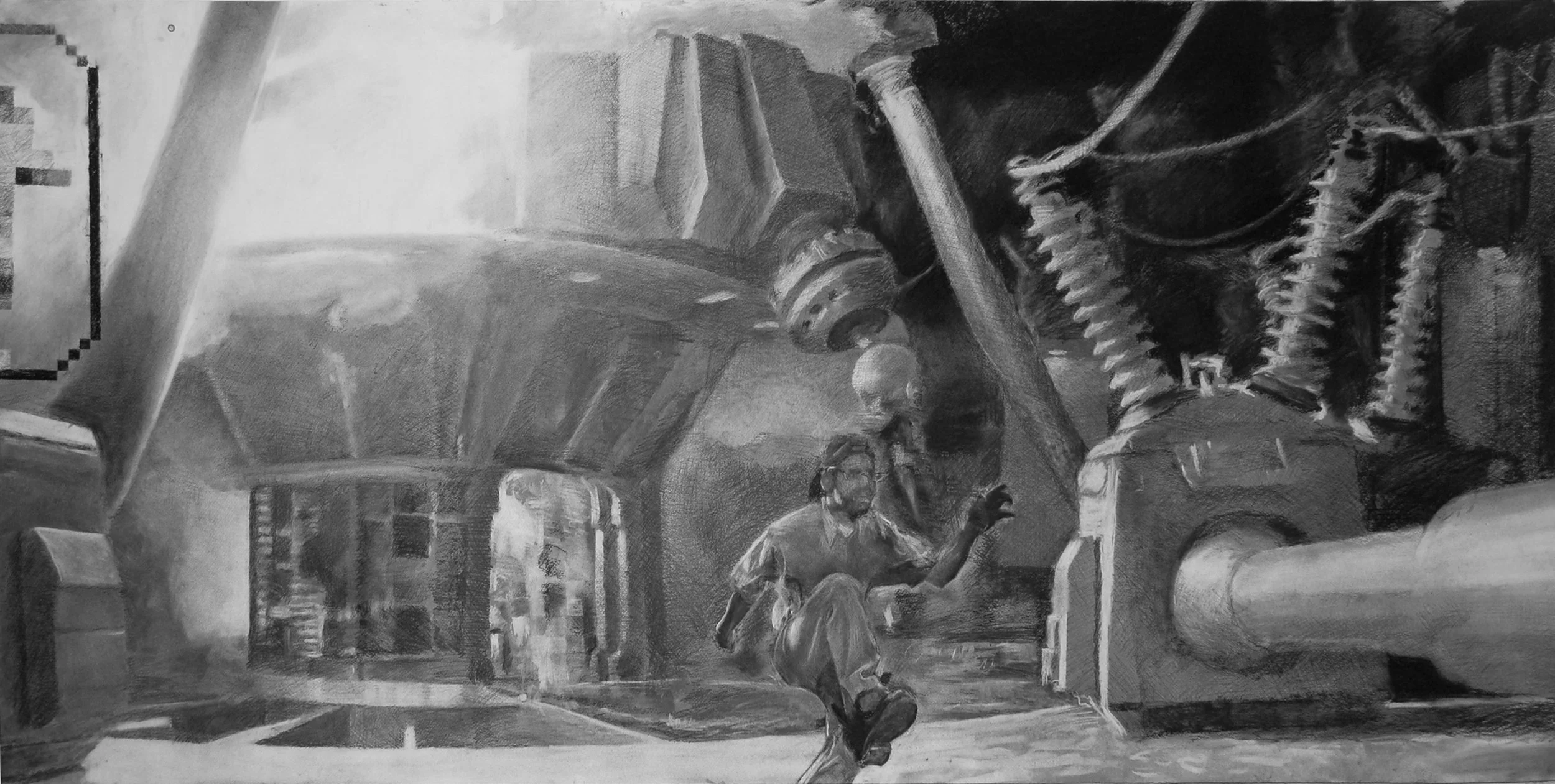   Escape from the Digital  Charcoal on paper, 3’x7’, 2008 