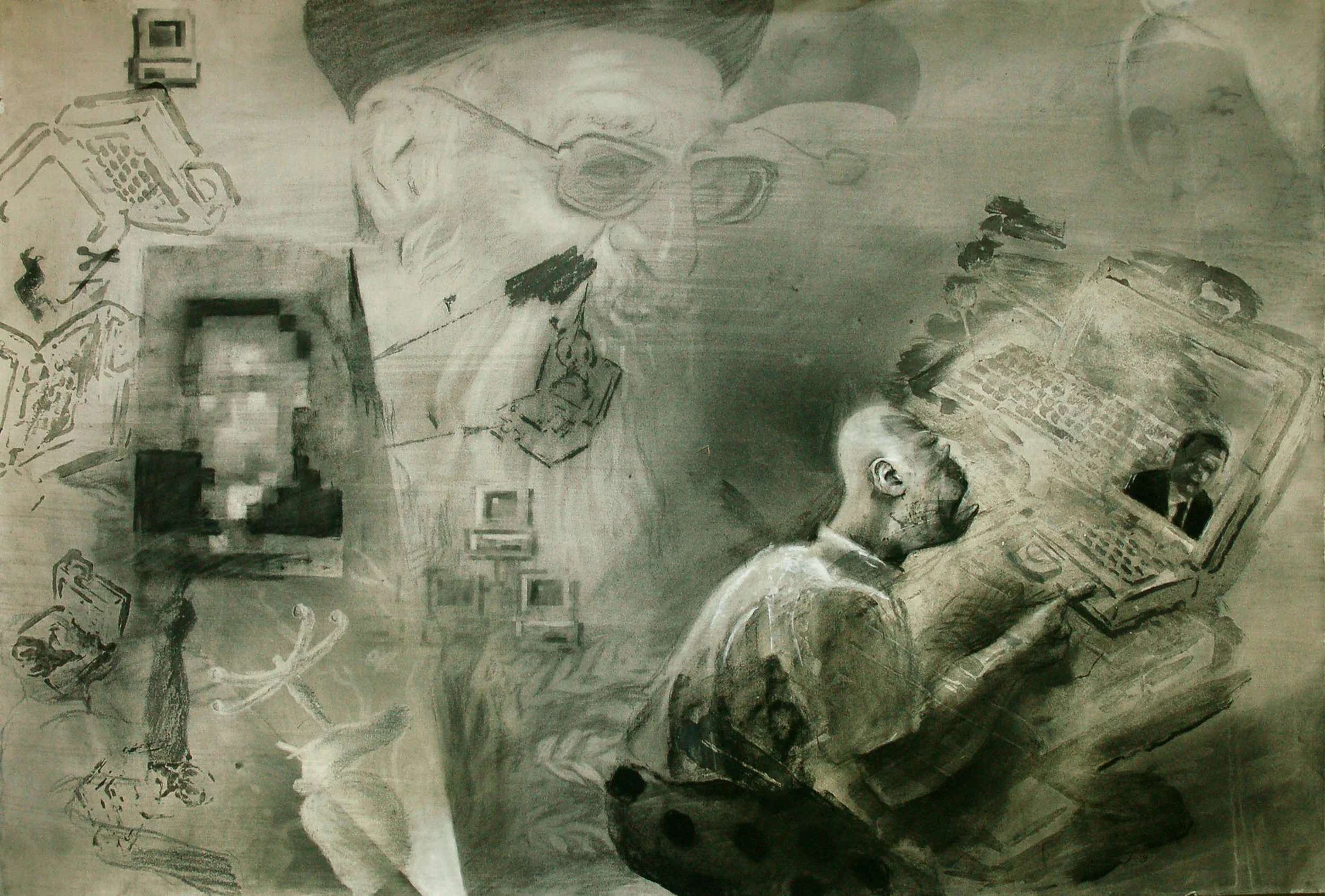   Tradition, Honor, Discipline, Excellence, the Corruption thereof, and the Irony of it all (Not the Ayatollah)  Mixed media: charcoal, rubber cement, ink wash, heightened with white chalk, 19”x28”, 2009 