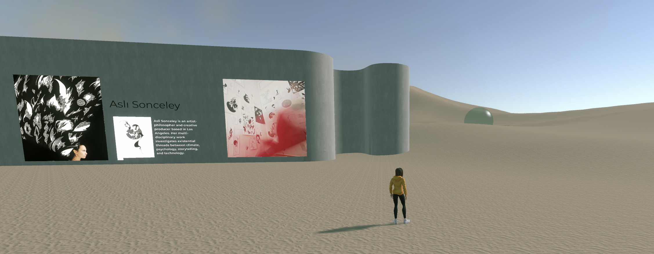 Art gallery in virtual space showing abstract drawings installed in a dessert landscape