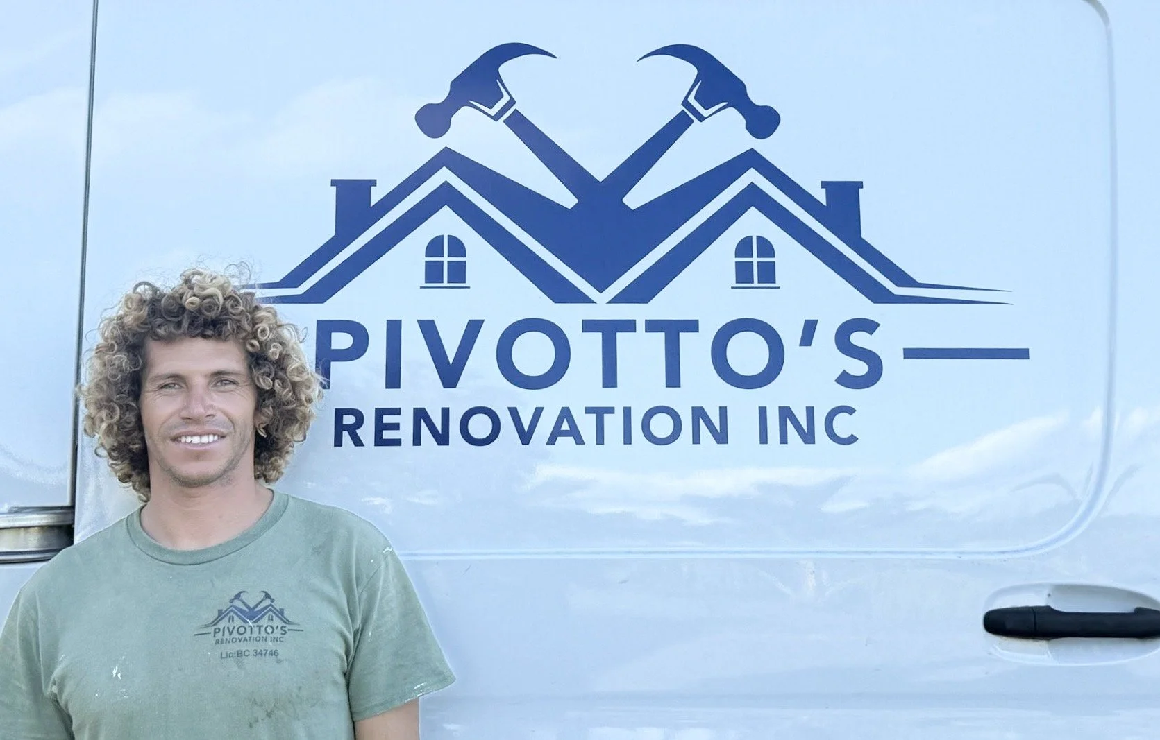 A man with curly blond hair standing in front of a white van with the logo of Pivotto's Renovation Inc, which features house rooftops and hammers.