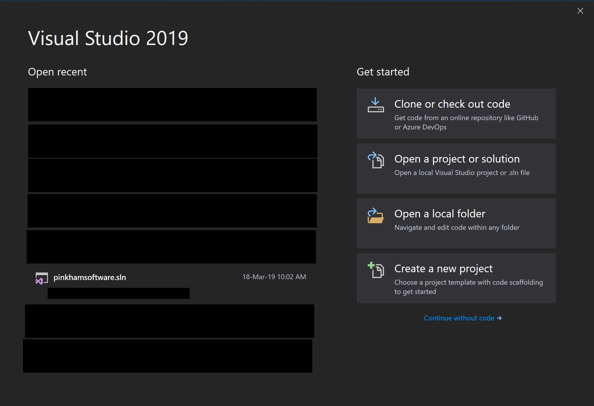 Visual Studio 2019 (Preview) quick start page has been improved.