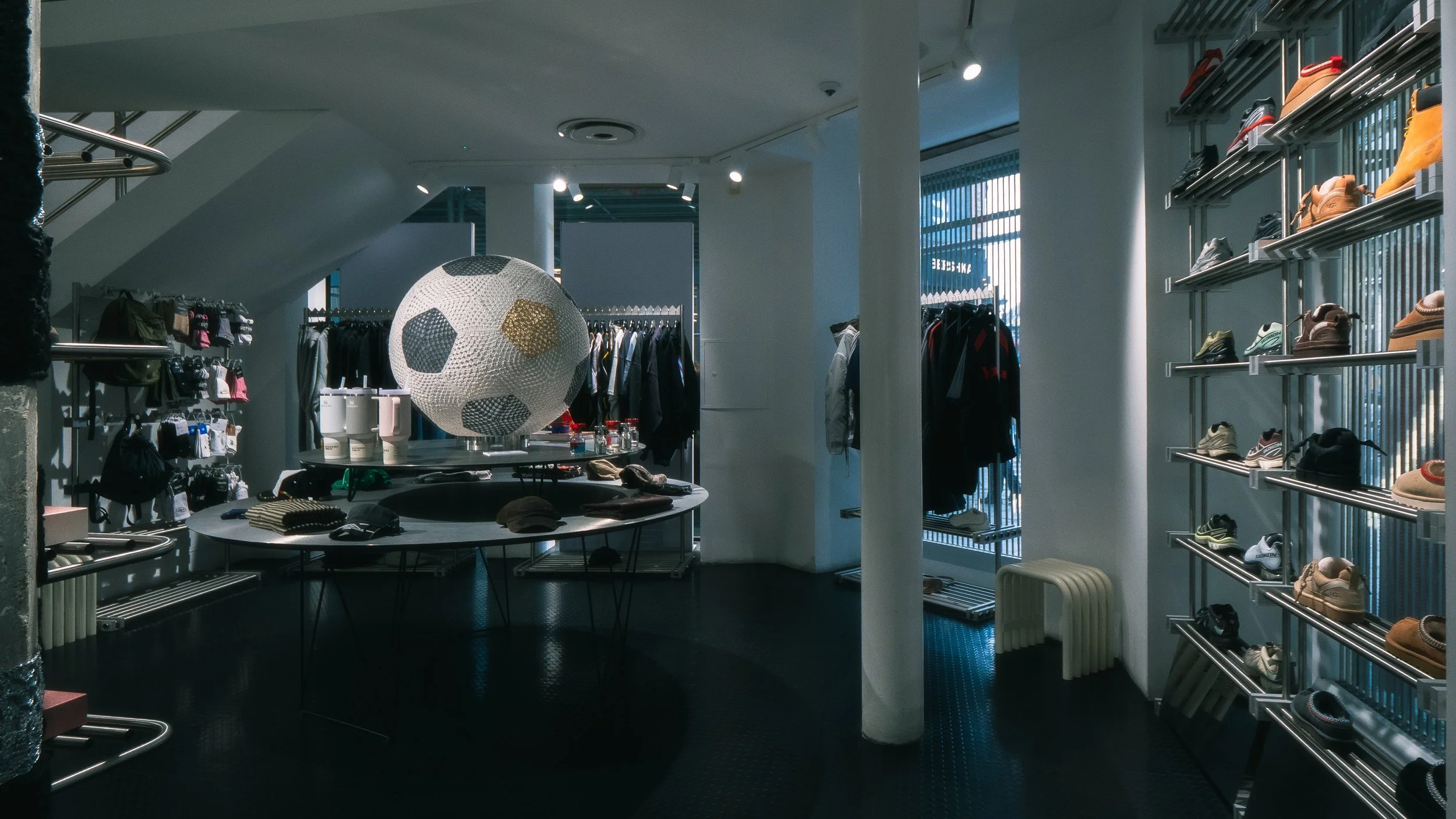 footshop installation with soccer textile sculpture