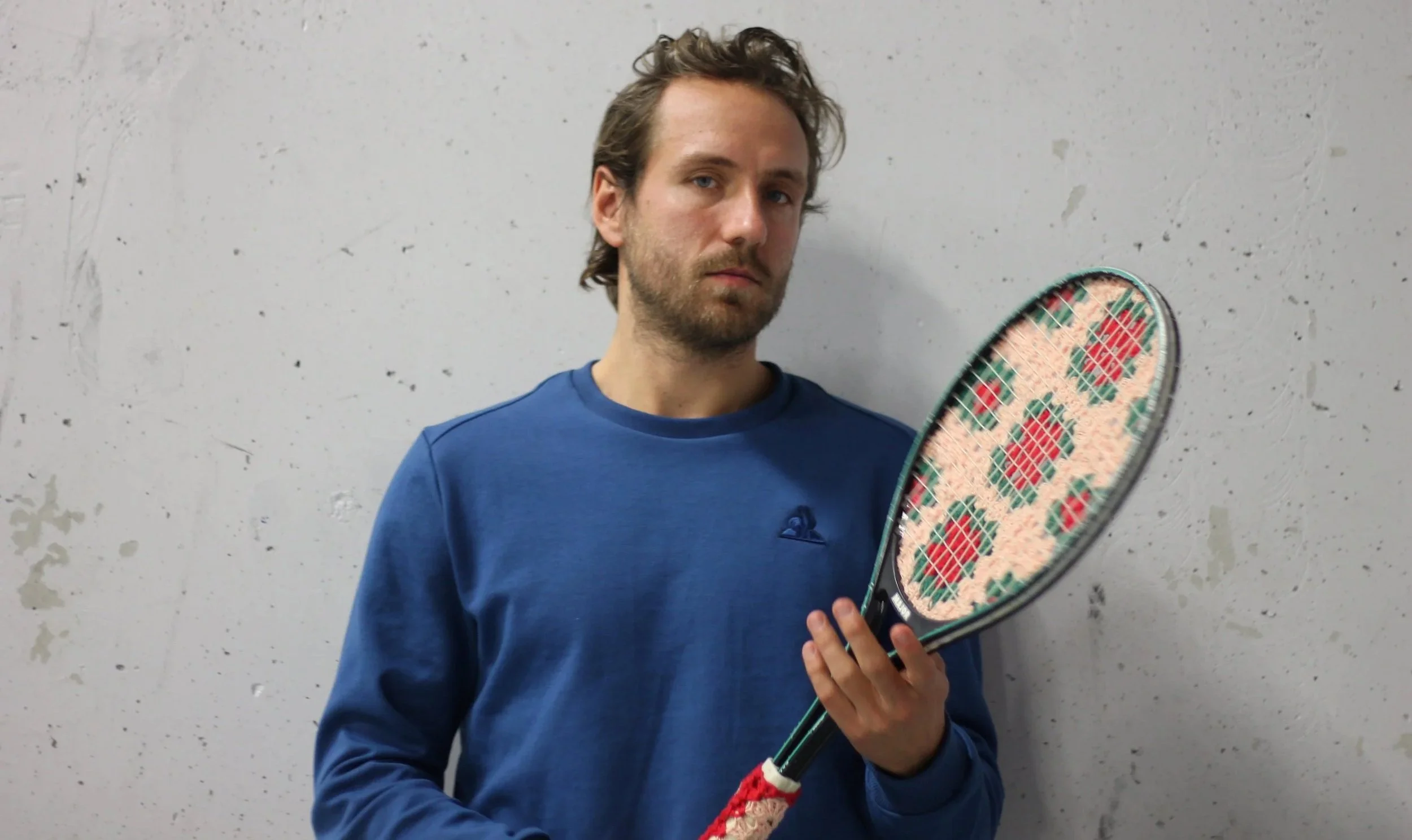 Tennis racket crochet sculpture with Lucas Pouille by Sophie Inard Paris