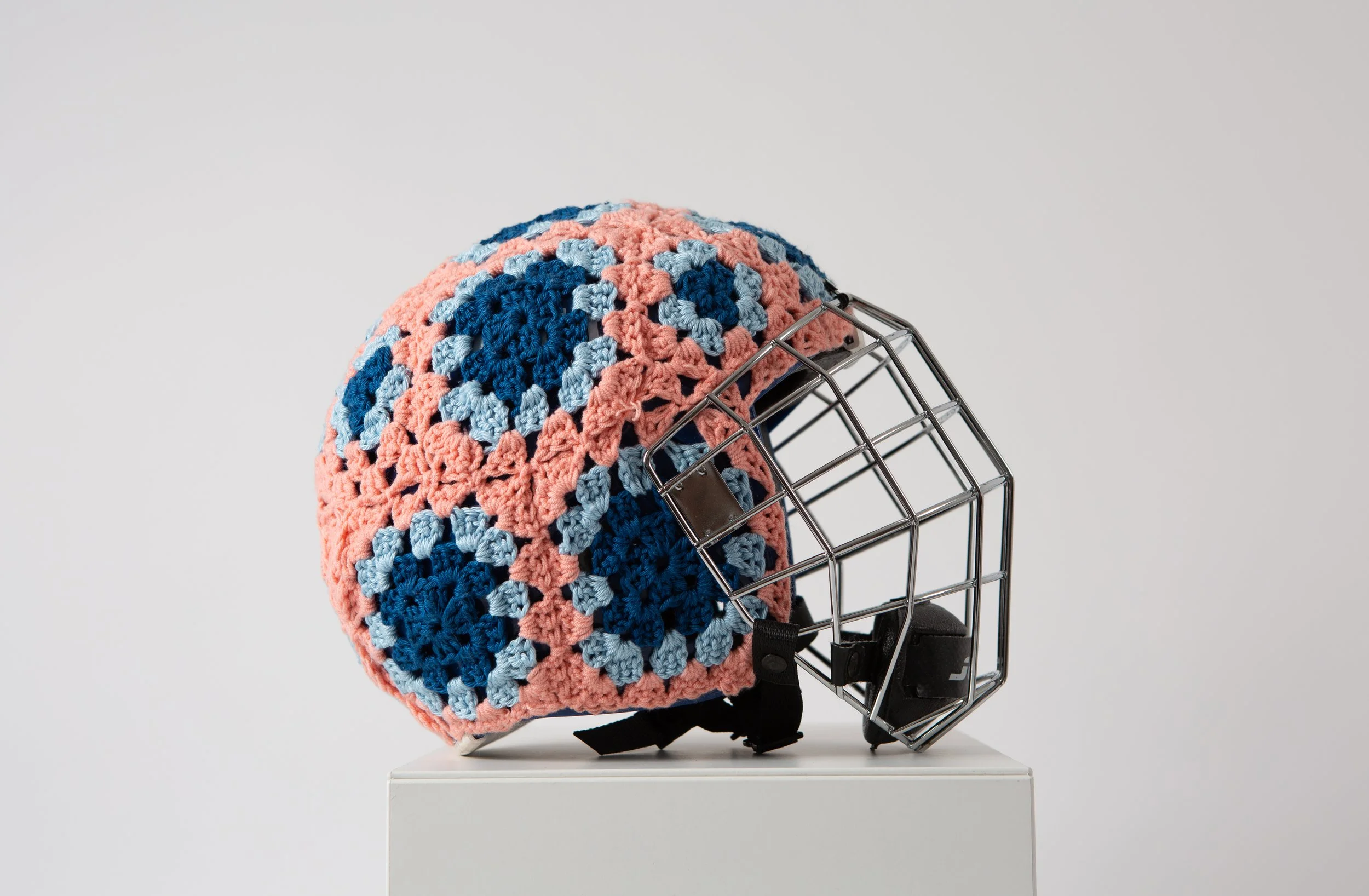 American football helmet crochet textile sculpture by Sophie Inard Paris