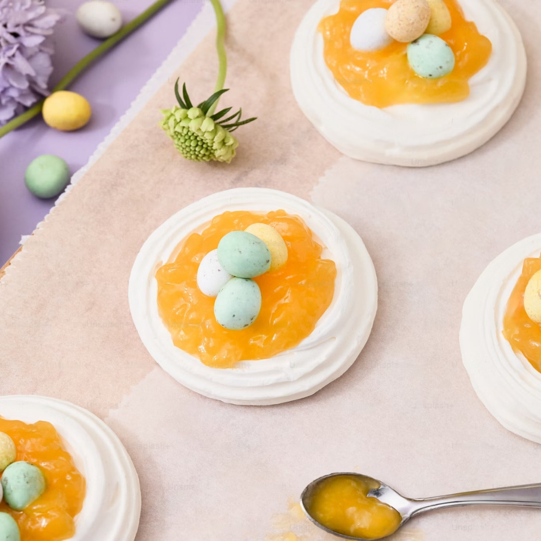 Meringue Nests with Lemon Curd and Mini Chocolate Eggs