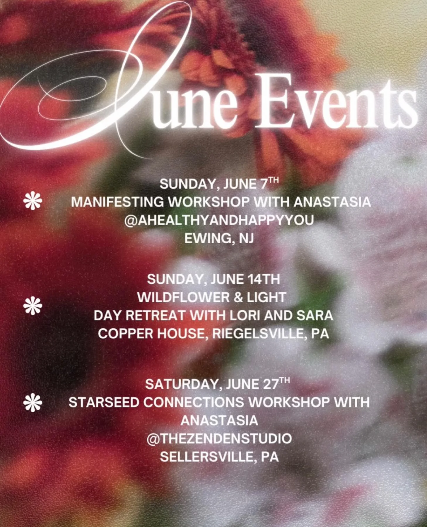 🌿 J U N E 🌿

&hellip;in all its sun-drenched beauty, also (my solar return month!). 

Three events to experience new awakenings, cosmic connections and blooming expansion.

Three luminous gatherings with beautiful Soul Sisters and Powerhouse Healer