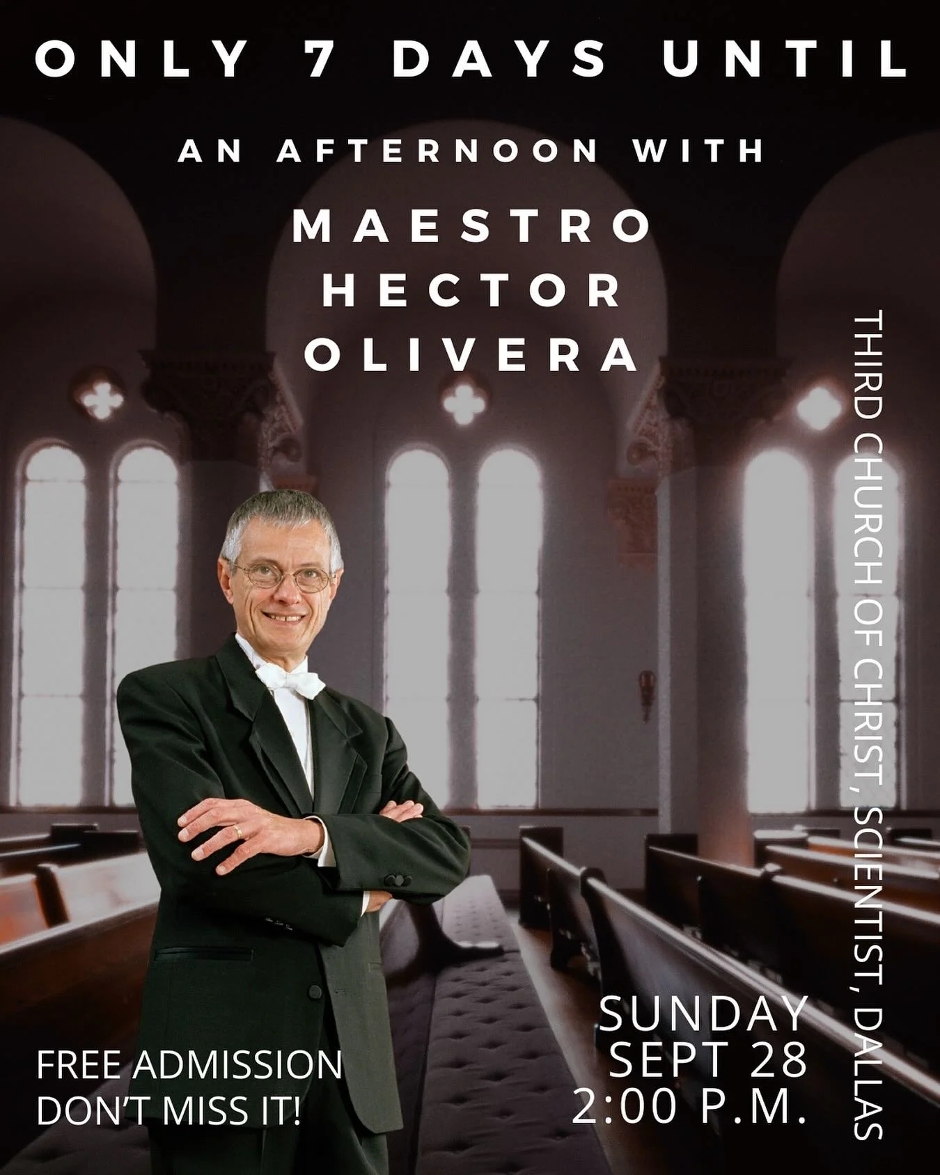 ⏰ Only 7 days until Maestro Hector Olivera in Dallas!
Don&rsquo;t miss this rare opportunity to hear one of the finest organists in the world.

🗓 Sunday, September 28 &bull; 2:00 p.m.
📍 Third Church of Christ, Scientist, Dallas
🎟 Free Admission &n