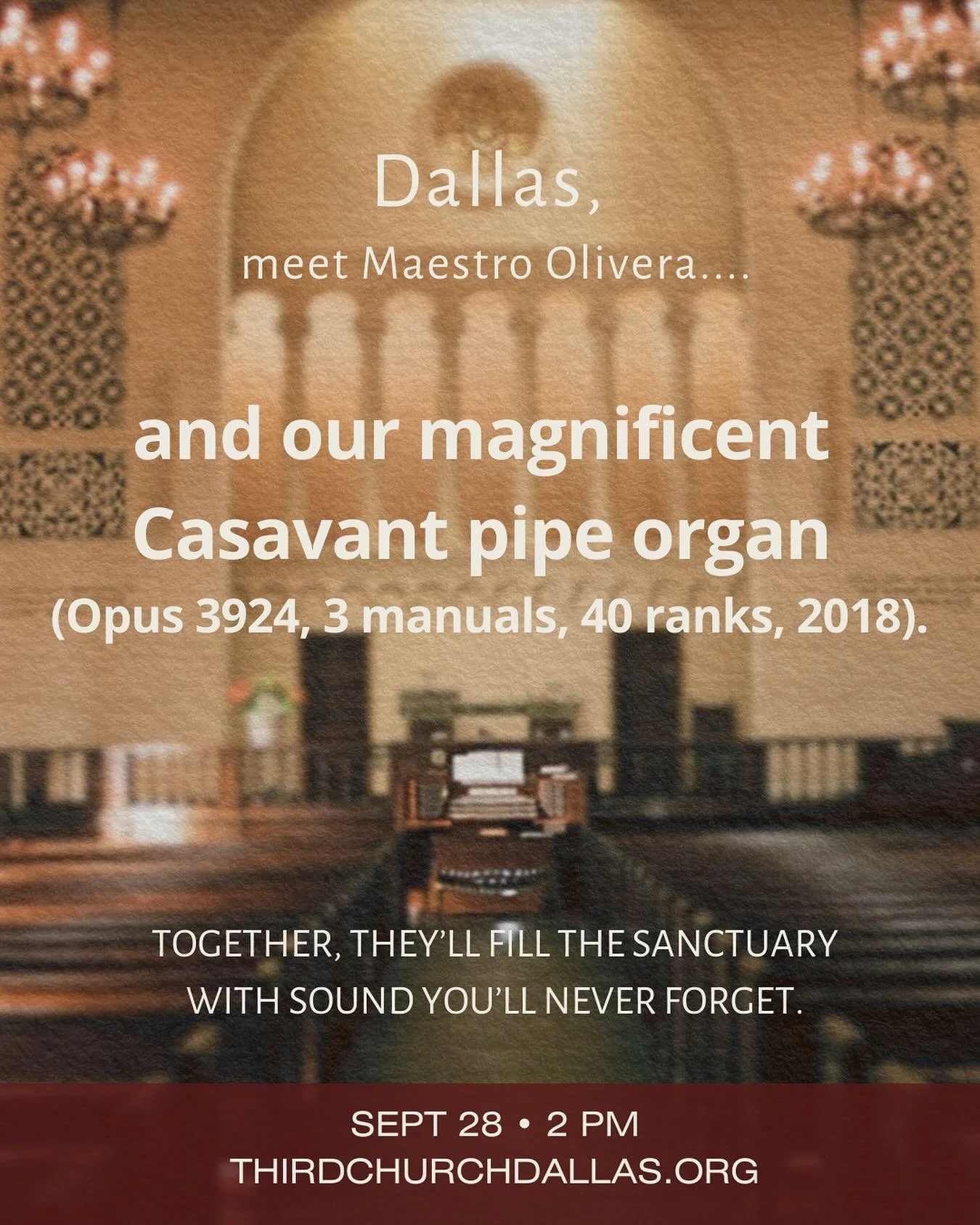 🎹 Dallas, meet our magnificent Casavant pipe organ!
(Opus 3924 &bull; 3 manuals &bull; 40 ranks &bull; 2018)
Together with Maestro Hector Olivera, this instrument will fill the sanctuary with sound you&rsquo;ll never forget.

🗓 Sept. 28 &bull; 2:00