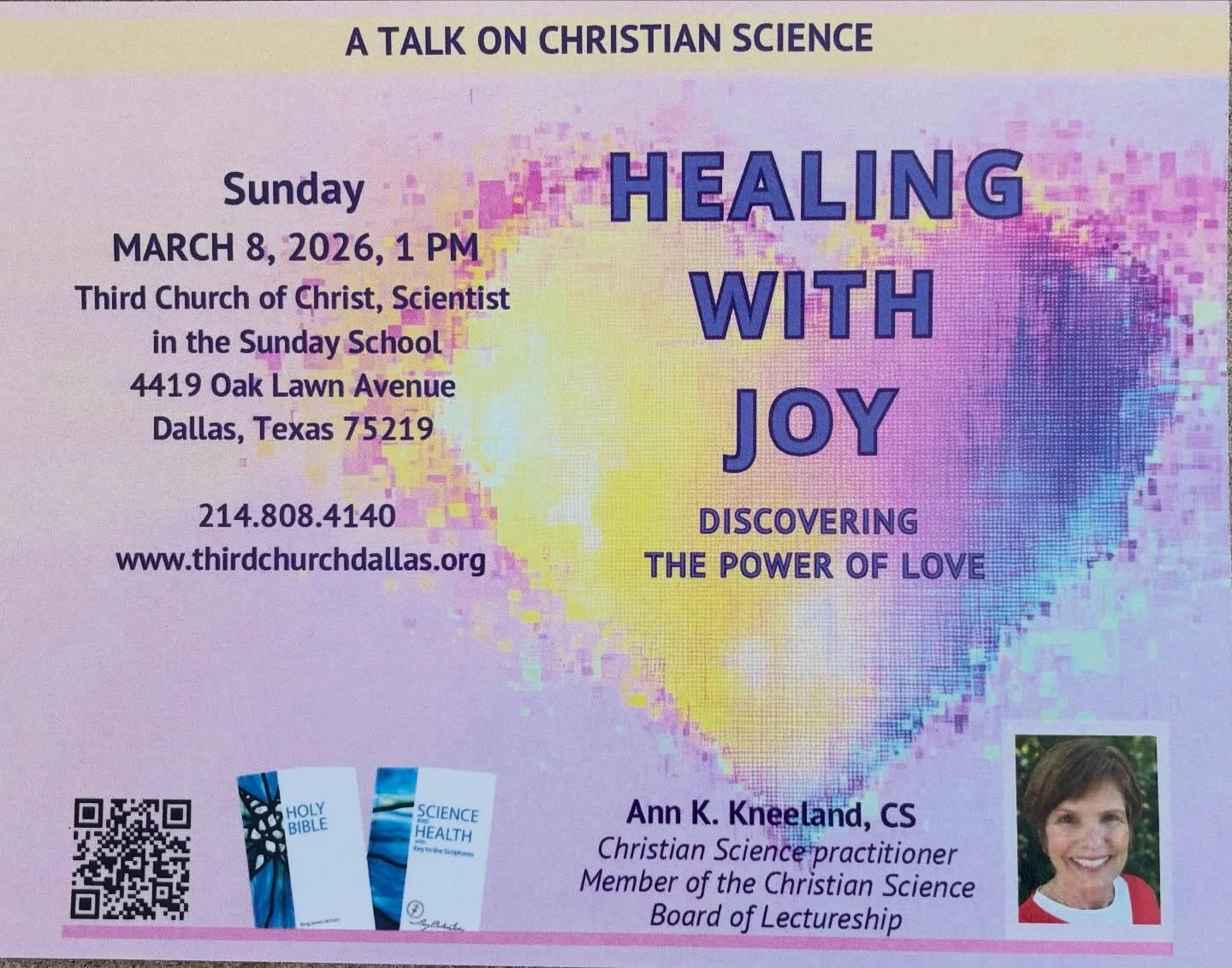 &ldquo;Healing With Joy!&rdquo; Discover the power of Love.  Join us this Sunday, March 8th at 1:00 p.m.! #lovehealsall #oaklawndallas #christianhealing #healingdfw #thirdchurchdallas