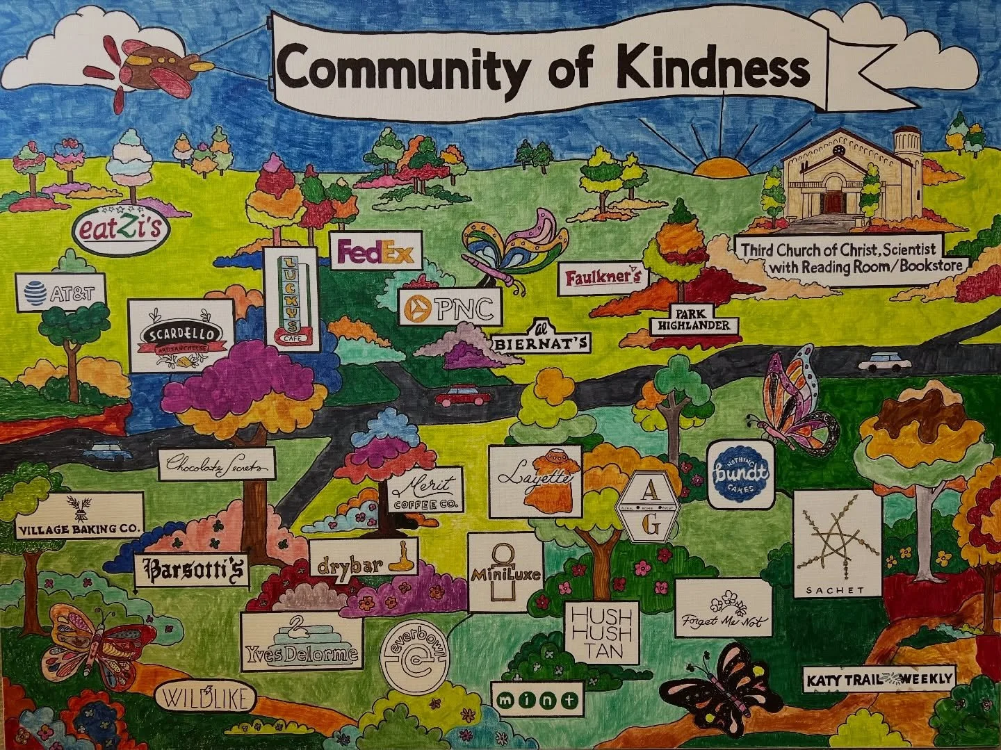 This mural was created for our Community Gratitude Event! Visitors helped color it.  Celebrating businesses in our Community!!! #oaklawndallas #thirdchurchdallas #healingdfw #albiernets_oaklawn #nothingbundtcakesoaklawn