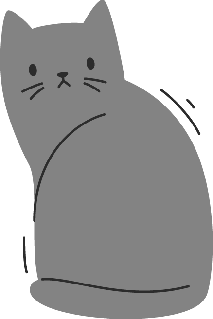 A gray cartoon cat sitting and facing slightly to the left