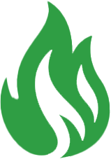 Green flame icon on a black background