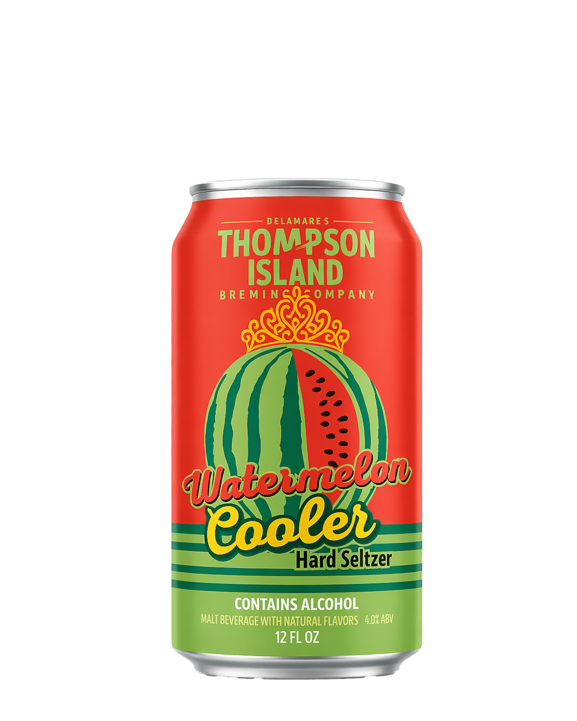 A can of Thompson Island Watermelon Cooler Hard Seltzer with a red and green watermelon graphic and gold decorative elements.