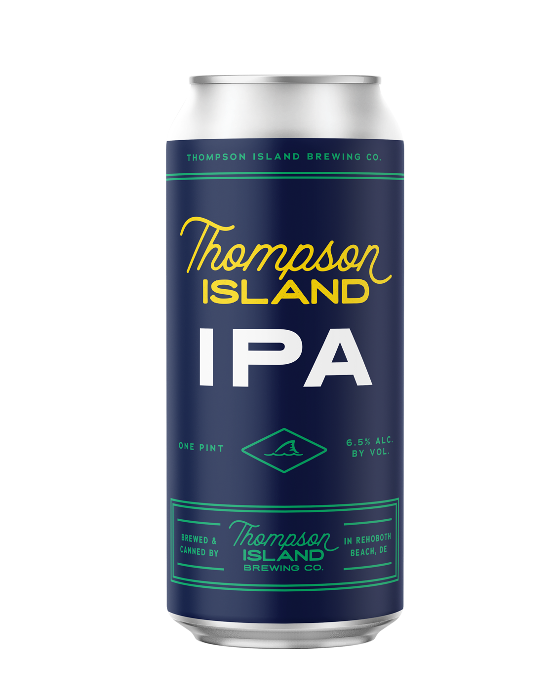 A can of Thompson Island IPA beer with a dark blue background, yellow and white text, and green accents, brewed in Rehoboth Beach, Delaware.