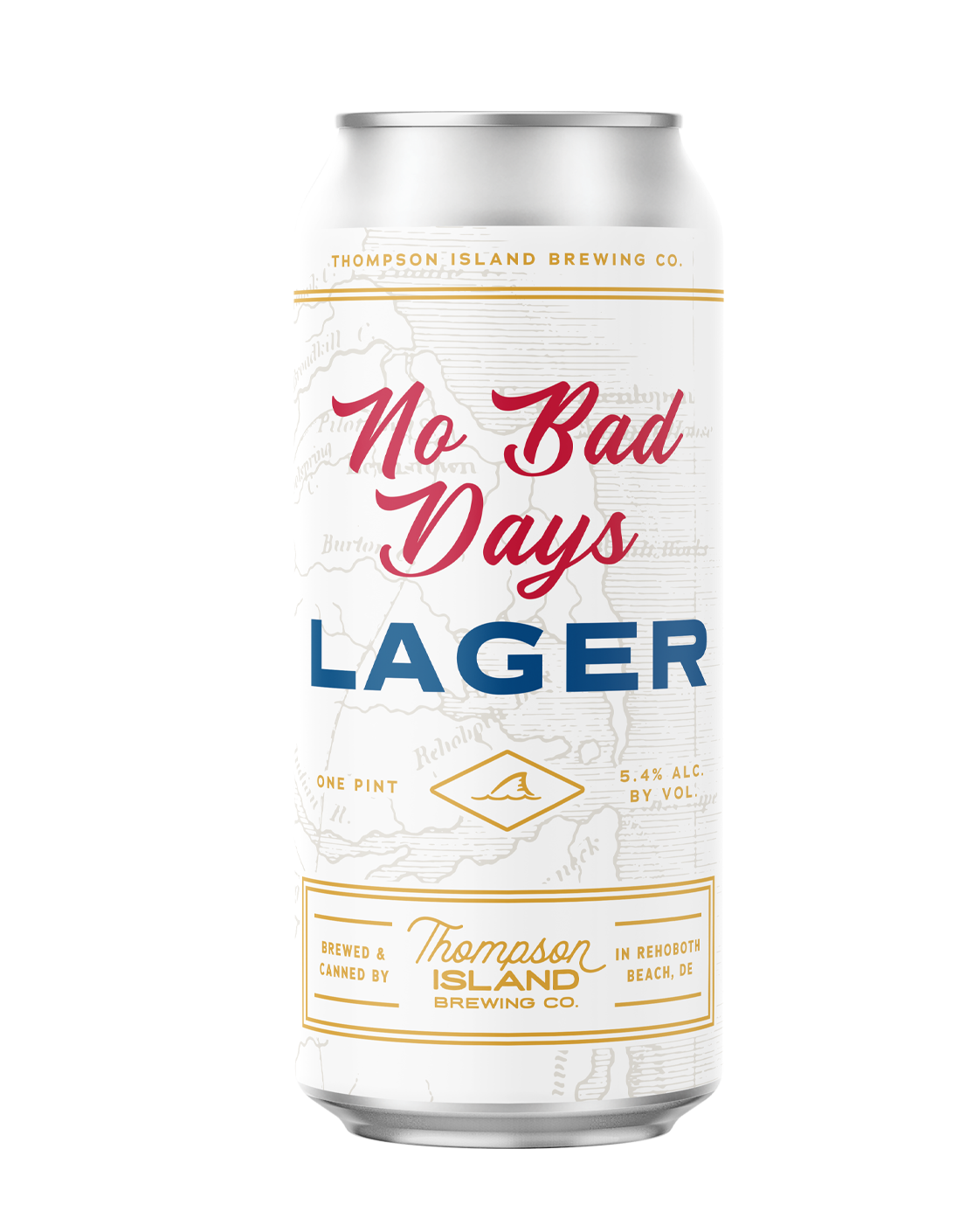 A can of No Bad Days Lager brewed by Thompson Island Brewing Co., with a white background and blue and red text.