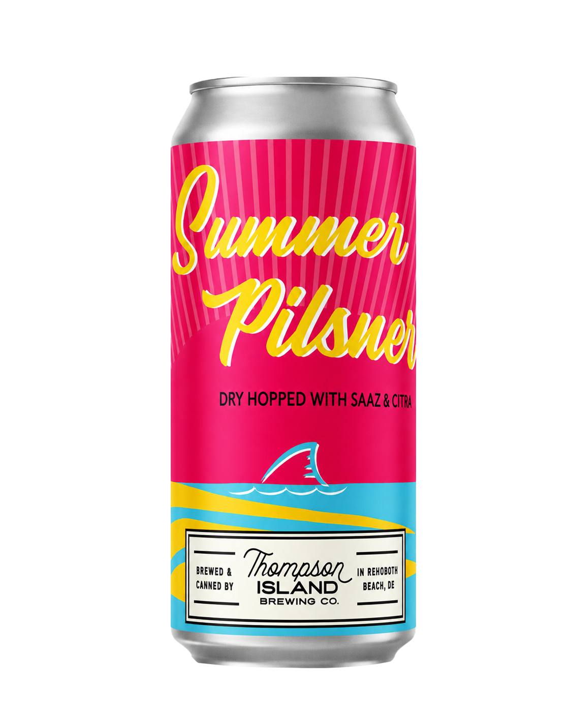 Can of Summer Pilser beer with a pink and blue label, featuring a shark fin illustration, produced by Thompson Island Brewing Co., brewed and canned in Delaware.