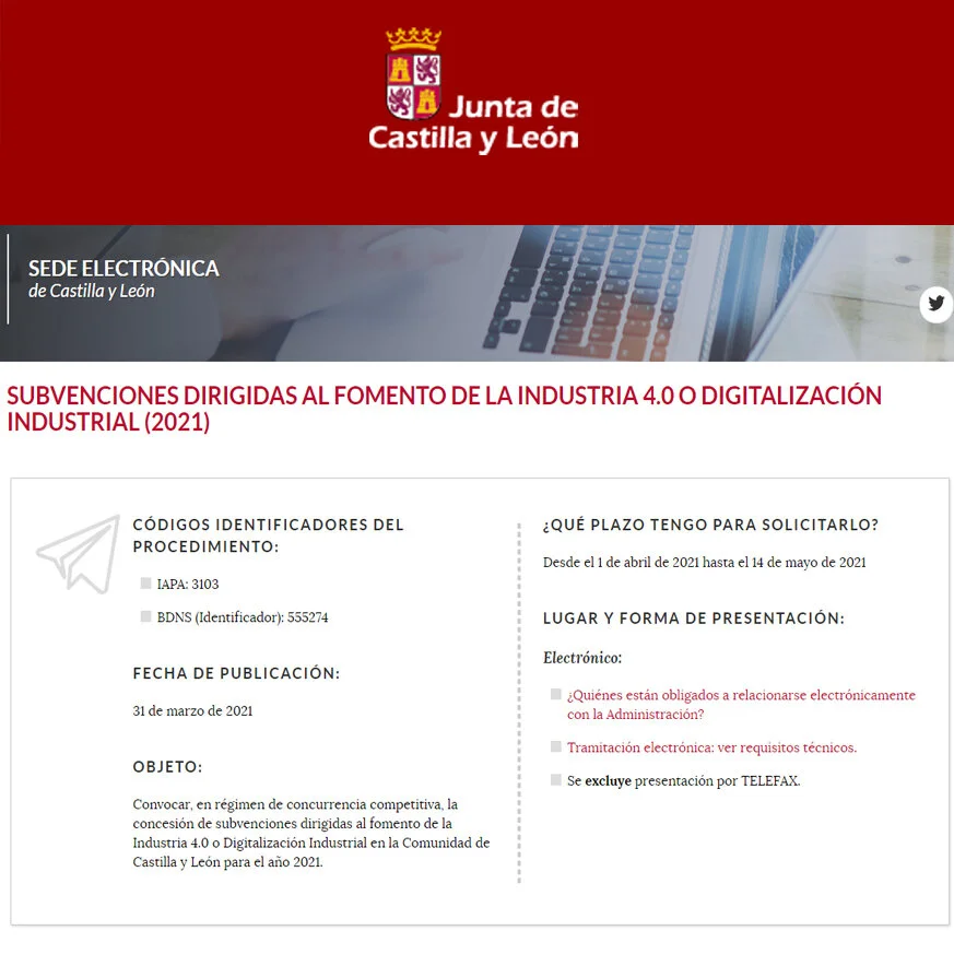 SUBVENCIONES DIRIGIDAS AL FOMENTO DE LA INDUSTRIA 4.0 O DIGITALIZACIÓN INDUSTRIAL (2021)