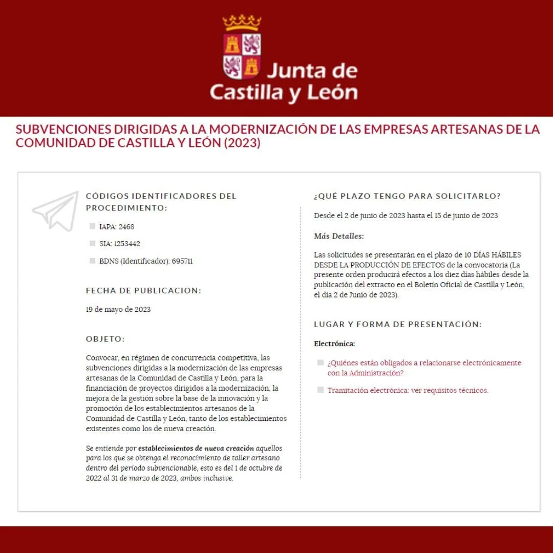 SUBVENCIONES DIRIGIDAS A LA MODERNIZACIÓN DE LAS EMPRESAS ARTESANAS DE LA COMUNIDAD DE CASTILLA Y LEÓN (2023)
