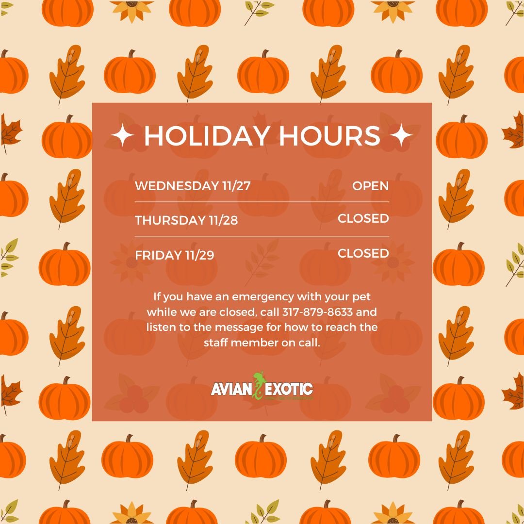 Please note our upcoming holiday hours. We hope you all have a wonderful holiday! 🥧🦎#exoticvetclinic #exoticvetmed